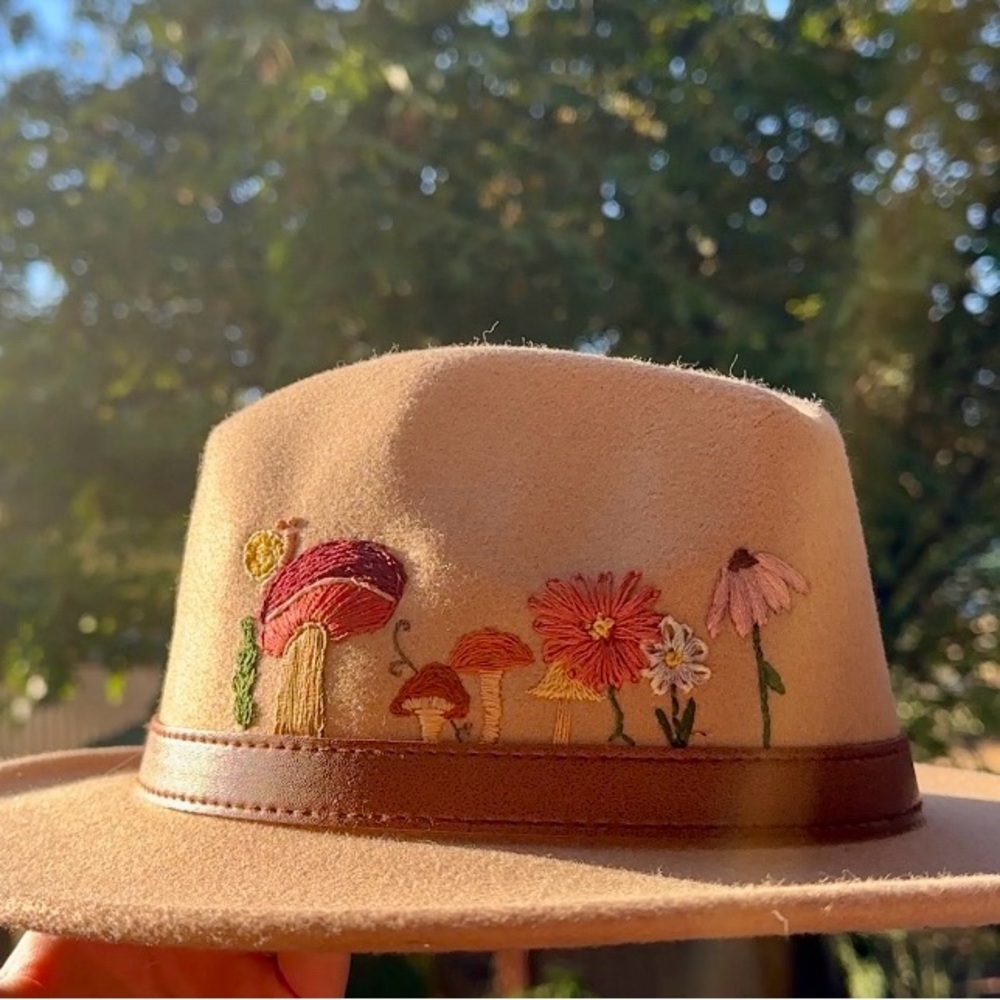 Embroidered Tan Hat with Floral Design